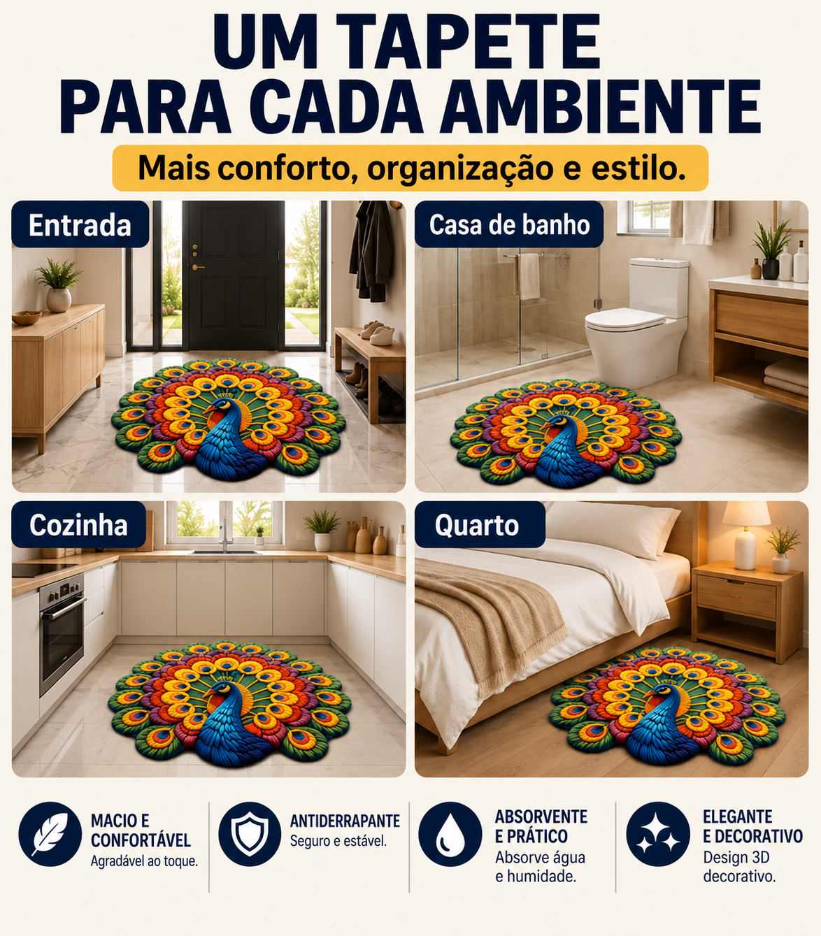 Tapete antiderrapante pavão 3D 80×80 cm
