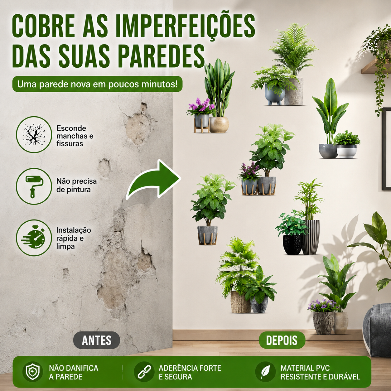 🌿 Autocolante Decorativo de Parede com Folhas Verdes