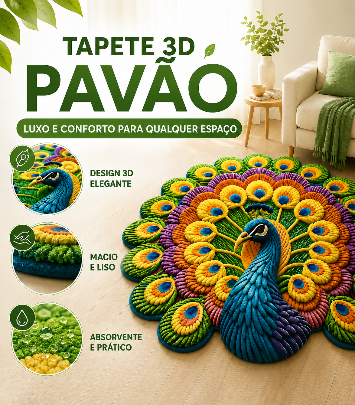 Tapete 3D de pavão