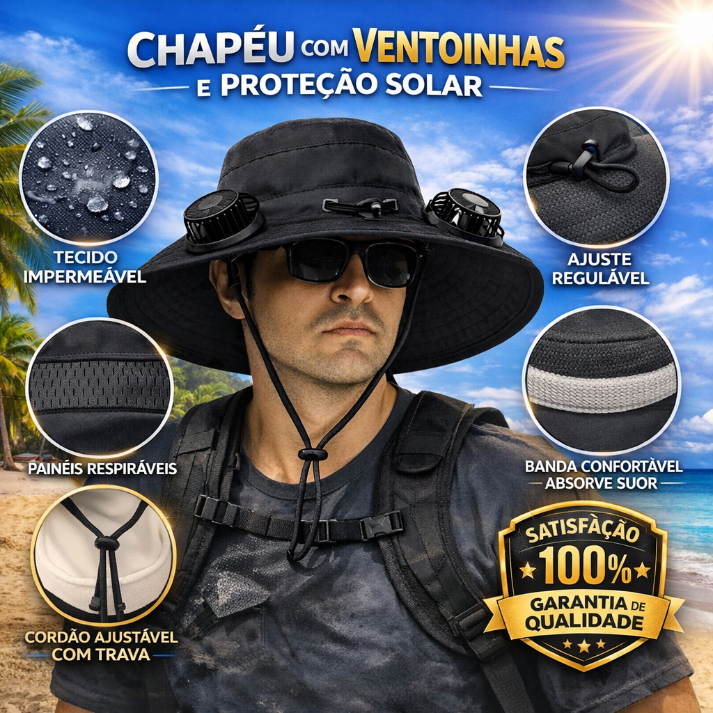 Chapéu com Ventilador Solar à Prova d’Água