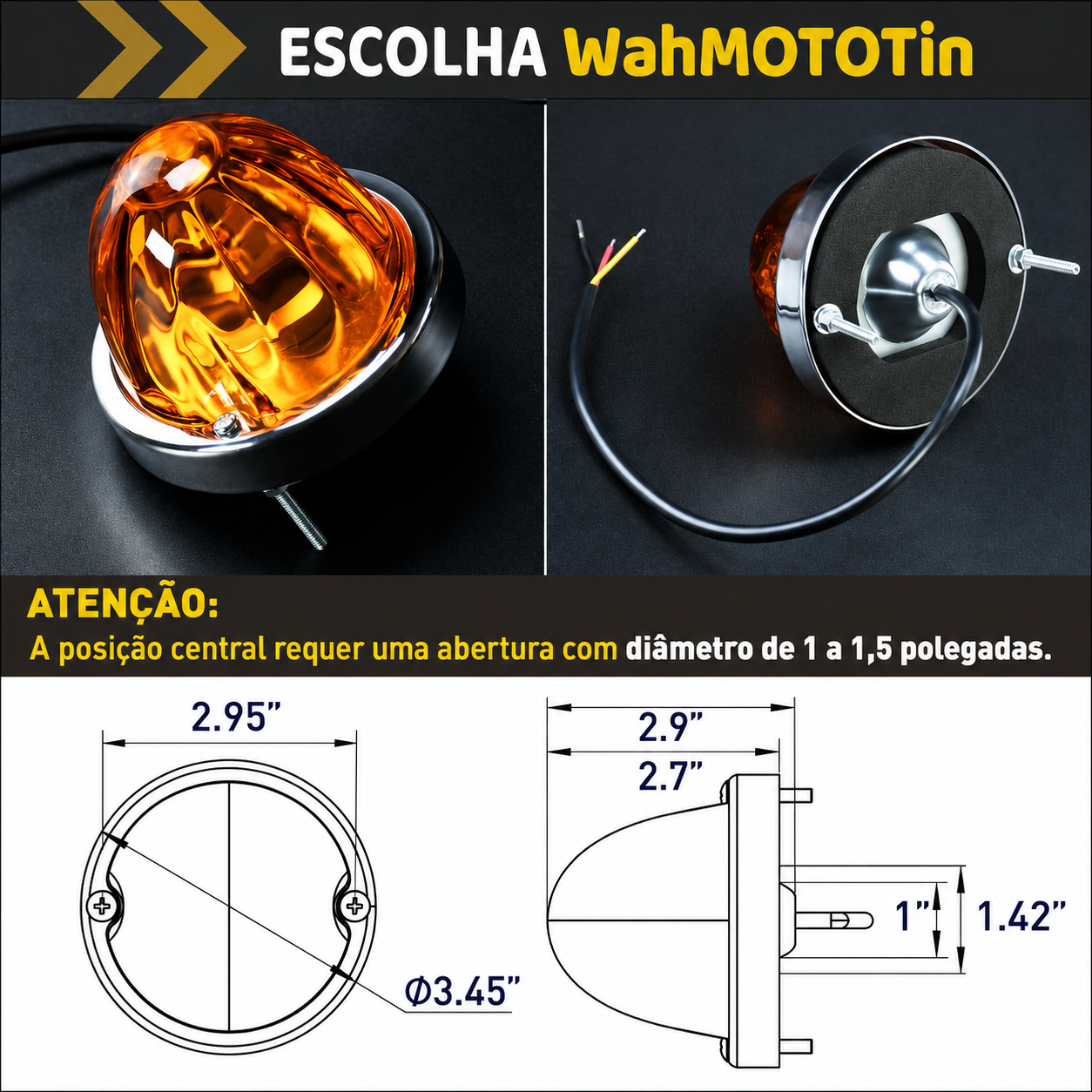 Luz LED Melancia 3.5 Polegadas Âmbar com Aro em Aço Inox