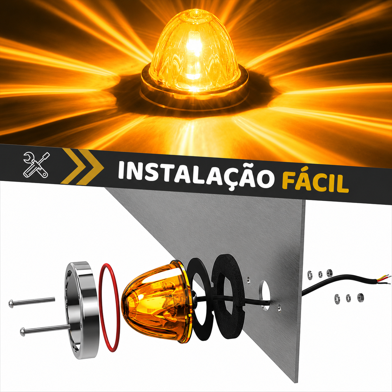Luz LED Melancia 3.5 Polegadas Âmbar com Aro em Aço Inox